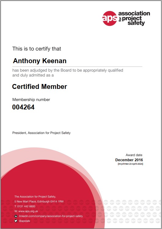Anthony Keenan is an APS Certified CDM Professional 
